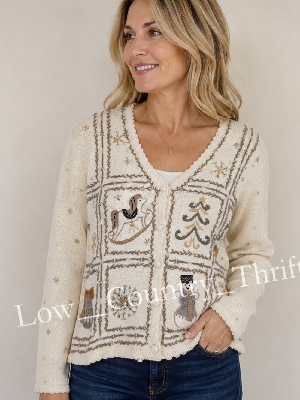 Designer Studio Originals Vintage Christmas Cardigan Embroidered Beaded L